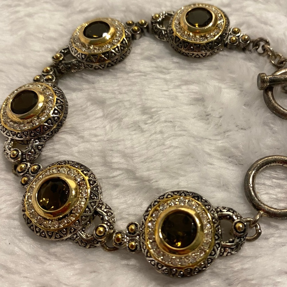 Unique Vintage Smokey Quartz Rhinestone CZ 7.5-8.5" Silver Gold Bracelet EUC
